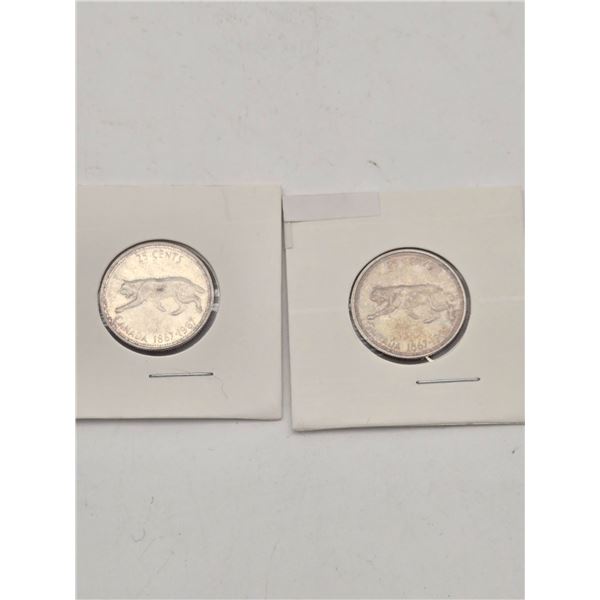 2 Silver 1967 Canadian centennial quarters