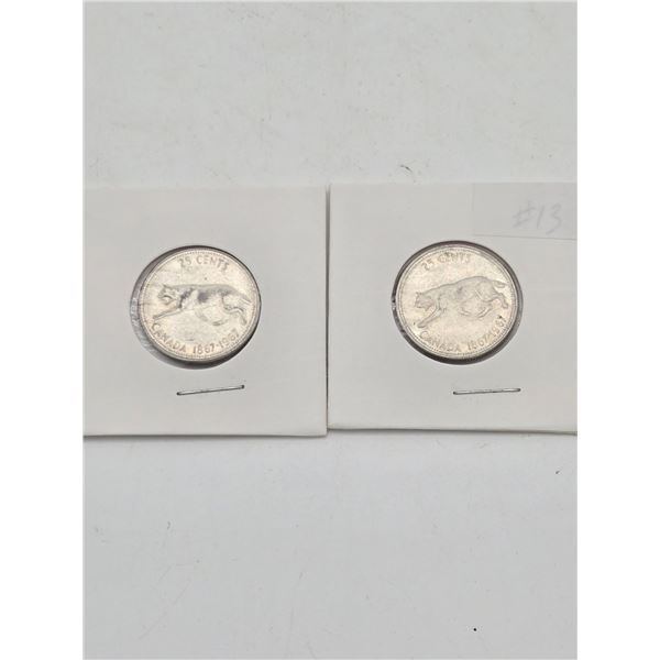 2 Silver 1967 Canadian centennial quarters