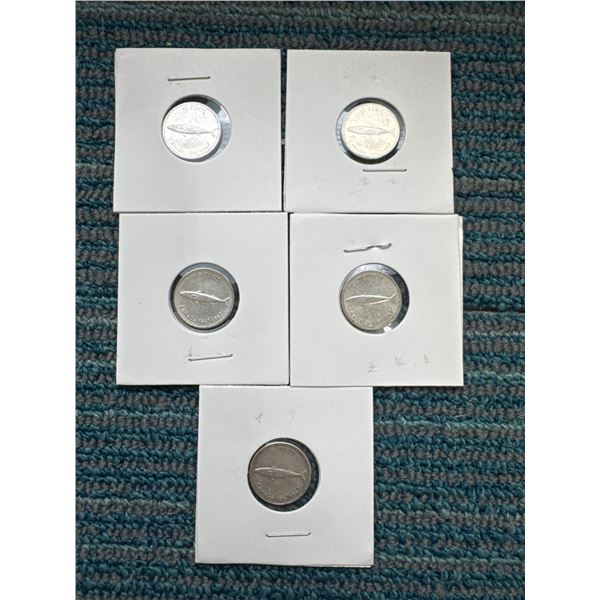 5 Silver 1967 Canadian centennial dimes