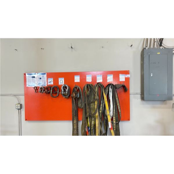 METAL PEGBOARD WITH ASSORTED LIFTING STRAPS/CLAMPS