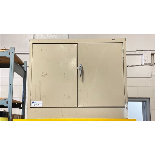 BEIGE METAL 2 DOOR STORAGE CABINET APPROX. 36" ACROSS X 18" WIDE X 30" HIGH