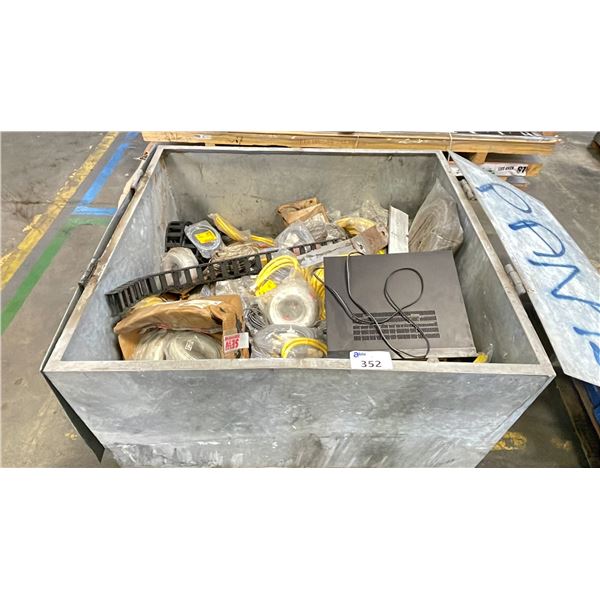 GALVANIZED METAL LIDDED STORAGE BOX WITH FORKLIFT SLOTS AND CONTENTS INCLUDED