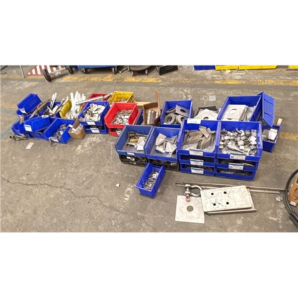 ASSORTED PARTS BINS WITH METAL FITTINGS AND BRACKETS