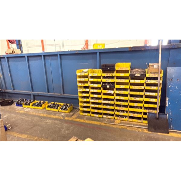LARGE VOLUME OF PARTS BINS WITH CONTENTS; SS FITTINGS, NUTS, BOLTS AND CASTER WHEELS