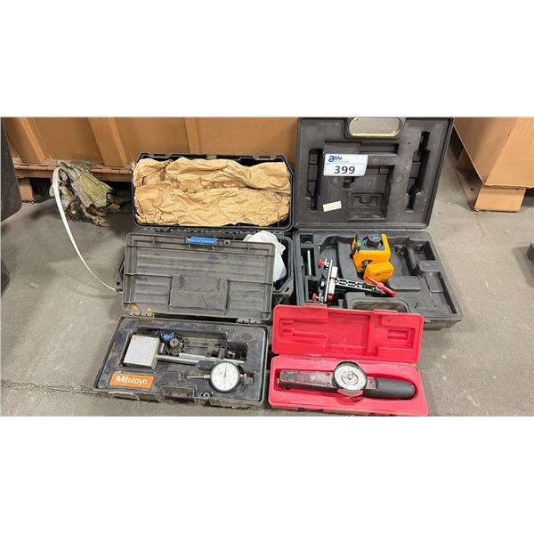 GROUP OF 4 TOOLS - DIAL TORQUE WRENCH, LASER CHALK LINE, 3 MITUTOYO MAGNETIC STANDS
