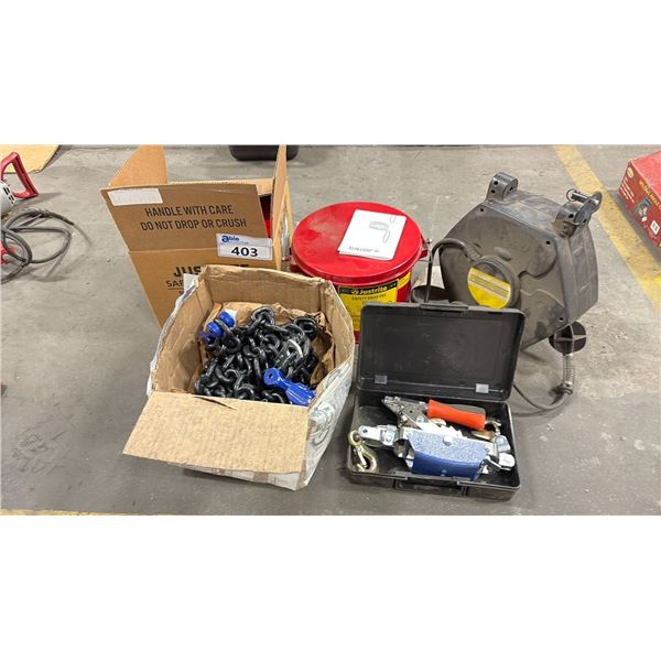 GROUP OF 5 SHOP ITEMS - HEAVY TOW CHAIN, RETRACTABLE POWER CORD, 2 SAFETY SWAB PAILS
