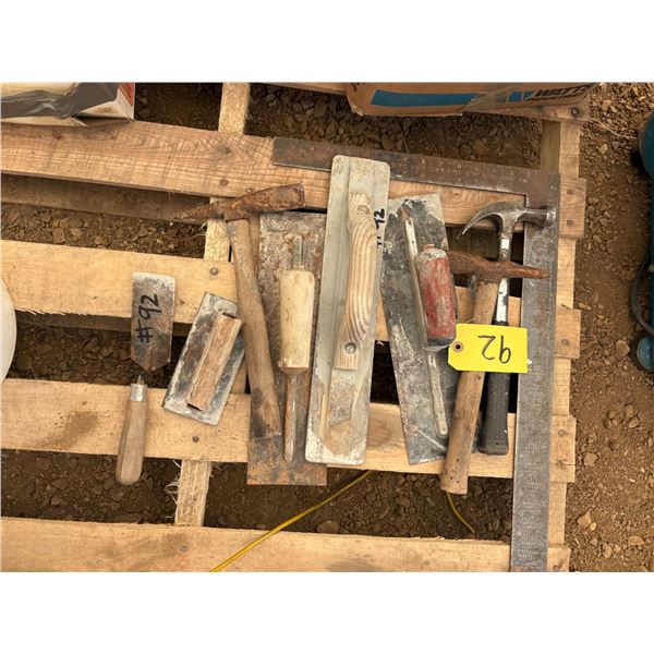 Pail of Brackets, Trowels, Hammer, Square