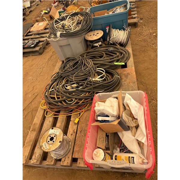 Large Pallet of Electrical, Cables, wiring, 2 - 20Volt Ext. Cord & more misc., elect.