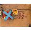 Image 1 : Crate of Hooks, Clamps, etc., cord ends, blue barrel cart, 2 Rachet Boomer's, 2 Crow Bars