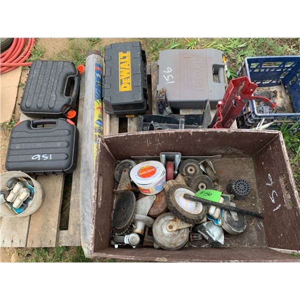 One Pallet of empty Tool Boxes, various Small Wheels, ext. Brackets