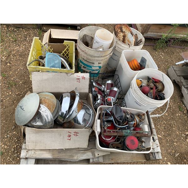 Pallet of Misc. Chev & GM 1940 Lights, Hubcaps, Tail Light & Misc.