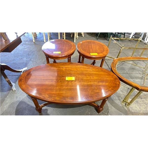 3 PIECE DARK WOOD OVAL COFFEE TABLE WITH MATCHING SIDE TABLES