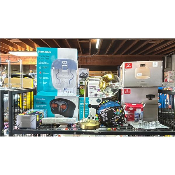 SHELF OF LAMPS, STRING LIGHTS, MINI CORDLESS MENDER, MASSAGERS & MORE