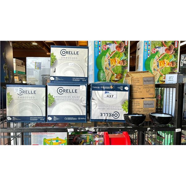 (4) CORELLE 12 PCS DINNERWARE SETS & (2) CASES OF 4 BLUE BOWLS
