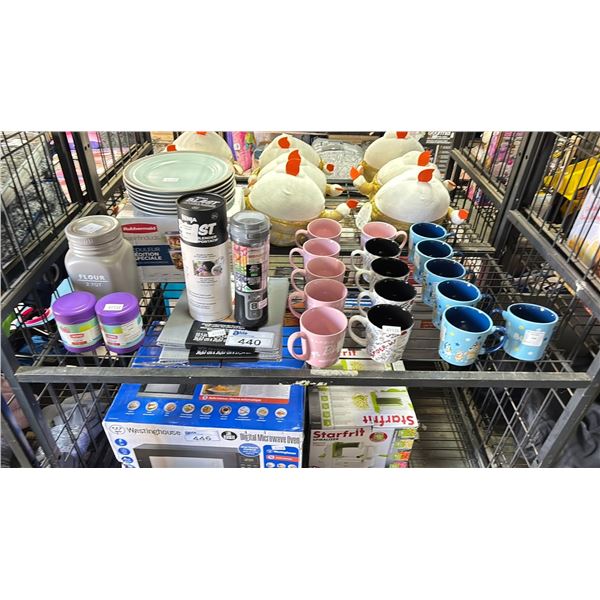 SHELF OF ASSORTED MUGS, PLATES, THERMOS FOOD JARS, FOOD STORAGE CONTAINERS & MORE