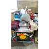 Image 2 : PALLET FILLED WITH - LAUNDRY BASKET, STAINLESS STEEL WASTE RECEPTACLE, BLANKETS, DISHWARE, DOG