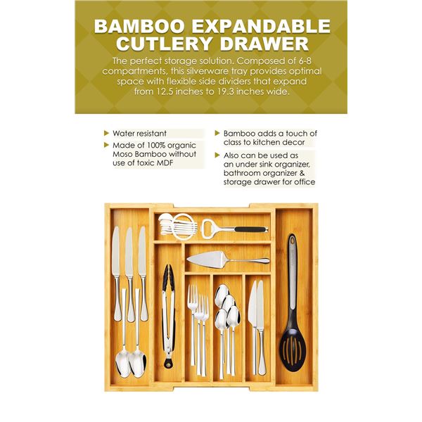 3 BAMBOO EXPANDABLE WATER RESISTANT 6-8 COMPARTMENT CUTLERY DRAWER ORGANIZERS