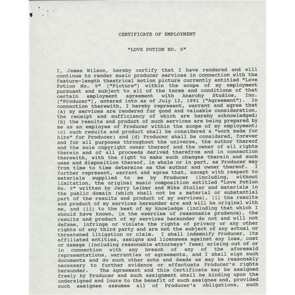 Love Potion No 9 James Wilson signed contract. GFA Authenticated