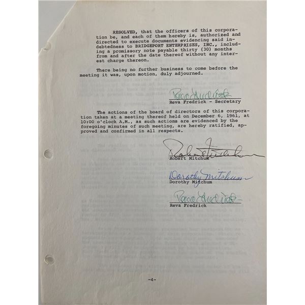 Robert Mitchum signed Dorlite Corporation Document