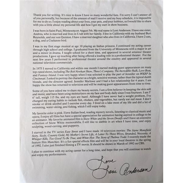 Stroker Ace Loni Anderson Facsimile signed letter