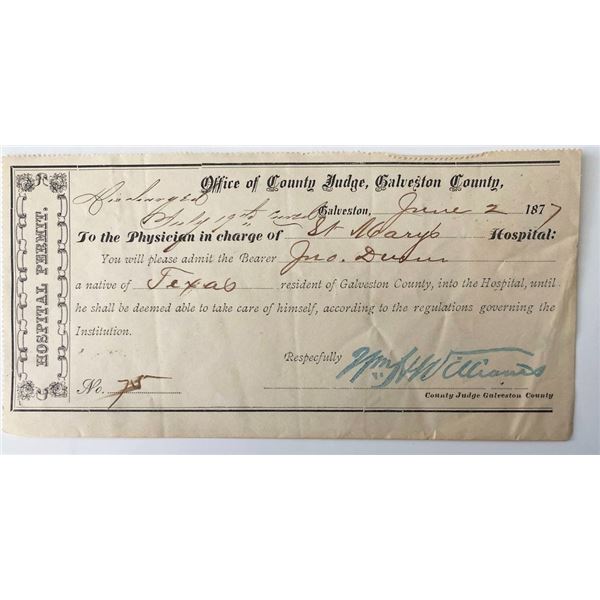 1877 Galveston County Signed Hospital Permit