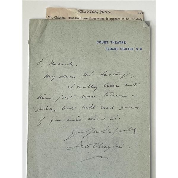 British play critic John Clayton signed letter