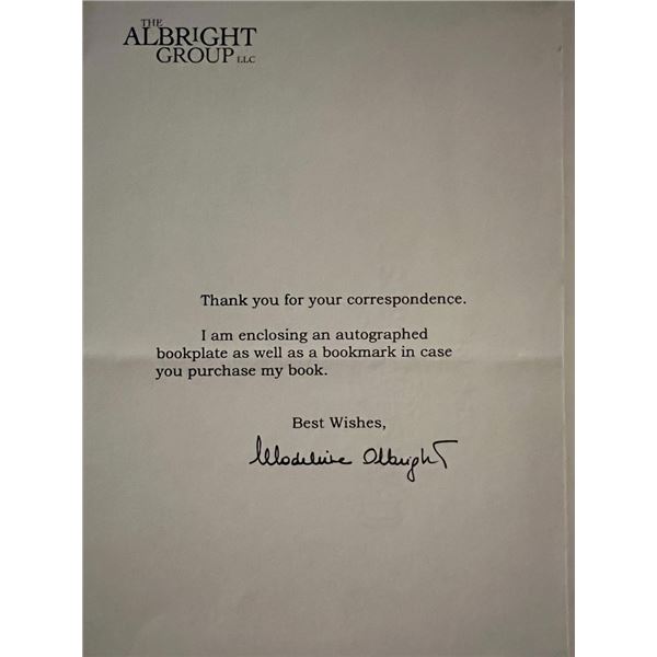 Madeleine Albright facsimile signed note. 5x8 inches