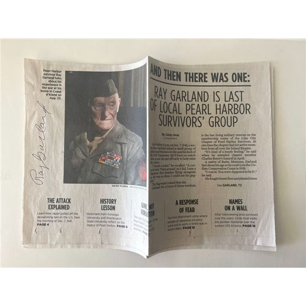 Pearl Harbor Survivor Ray Garland signed newspaper clipping