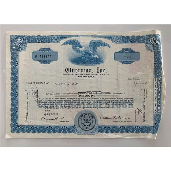 Cinerama Inc unsigned stock certificate