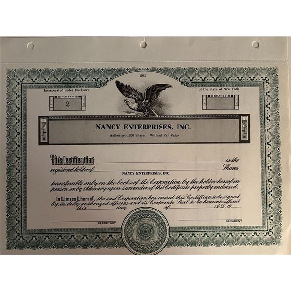 Nancy Enterprises stock certificate