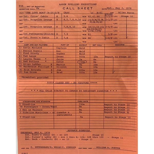The Love Boat unsigned call sheet