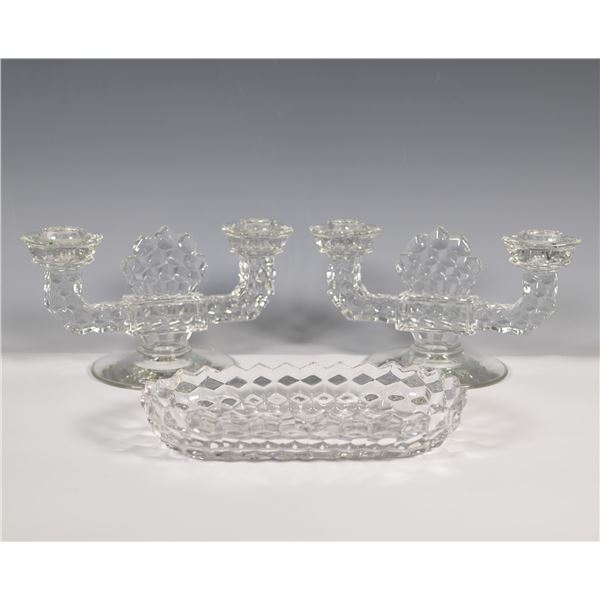 3pc Fostoria American Crystal Candleholders and Relish Dish