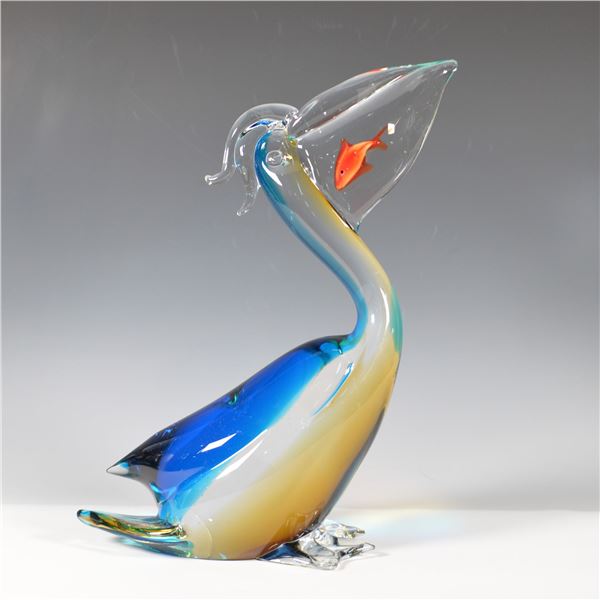 Hand Blown Art Glass Pelican Sculpture, Signed