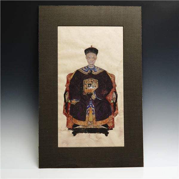 Chinese Ancestor Portrait Mixed Media Painting on Paper