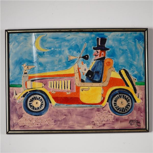Enrico Richter, Mixed Media Relief Painting, Man in Vintage Car, Signed
