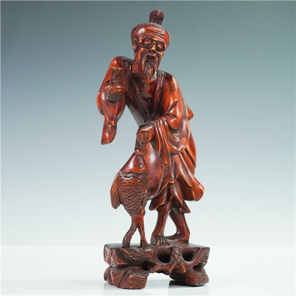 Carved Wood Chinese Immortal with Fish Figurine