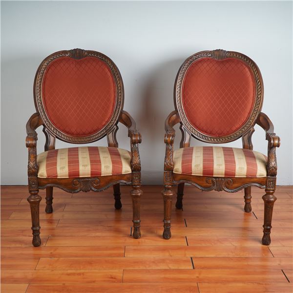 Pair of Drexel Heritage Talavera Carved Wood Armchairs Palm Tree Motif