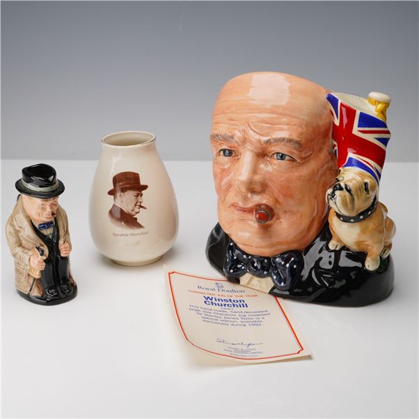 3pc Royal Doulton Winston Churchill Vase, Jug & Toby Jug