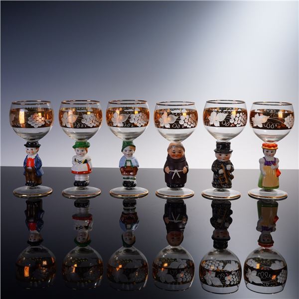 6pc West German Figural Wine Glasses with Gilt Grape Decoration
