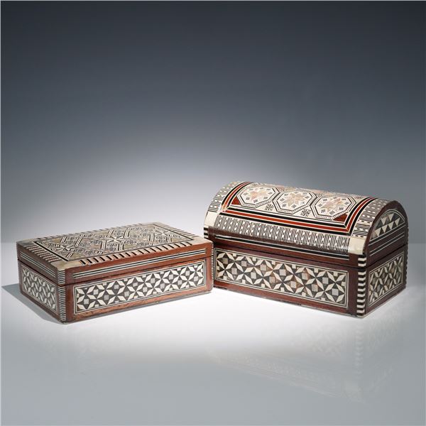 2pc Inlaid Mother-of-Pearl Mosaic Boxes - Domed & Rectangular Forms