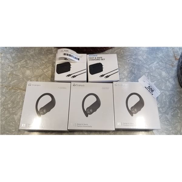 3 NEW PAIRS OF TRANYA X1 SPORT OPEN EAR BLUETOOTH WIRELESS HEADPHONES, AND 2 NEW USB CHARGERS, SINGL