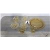 Image 2 : 4 YELLOW GLASS TEACUPS AND SAUCERS WIH CREAM AND SUGAR DISHES