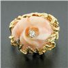 Image 2 : Vintage 14k Gold Rose Carved Coral High Relief Diamond Center Open Freeform Ring