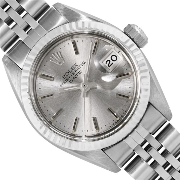Rolex Ladies Stainless Steel Silver Index White Gold Fluted Bezel Date Watch