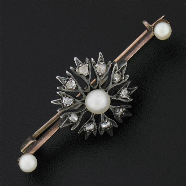Antique Victorian Gold & Silver 0.30 ctw Diamond & Pearl Floral Bar Pin Brooch