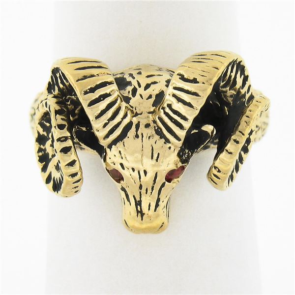 Vintage 14k Gold Detailed Textured 3D Rams Head w/ Pave Set Ruby Eyes Ring
