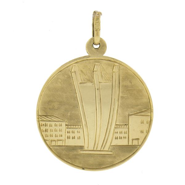 Solid 14k Yellow Gold Detailed Two Towers Medallion Charm Pendant w/ Dual Finish