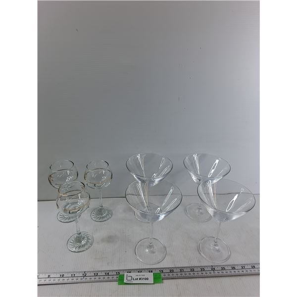 (4) Martini Glasses, (3) Wine Glasses