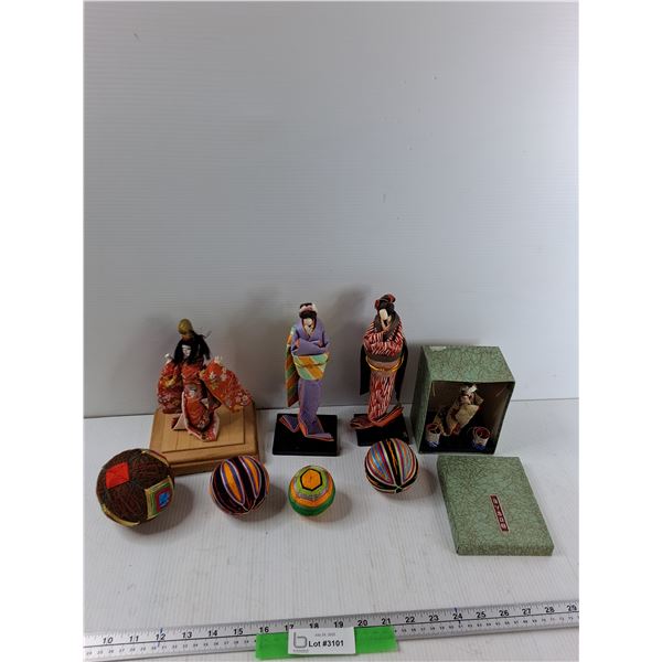(2) Japanese Paper Dolls, (2) Japanese Dolls, (4) Temari Balls,