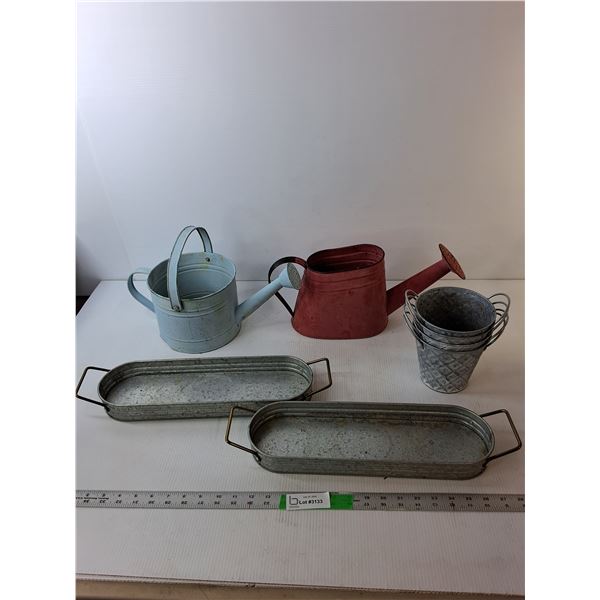 Gardening Lot- (2) Watering Cans, (4) Pots, (2) Trays
